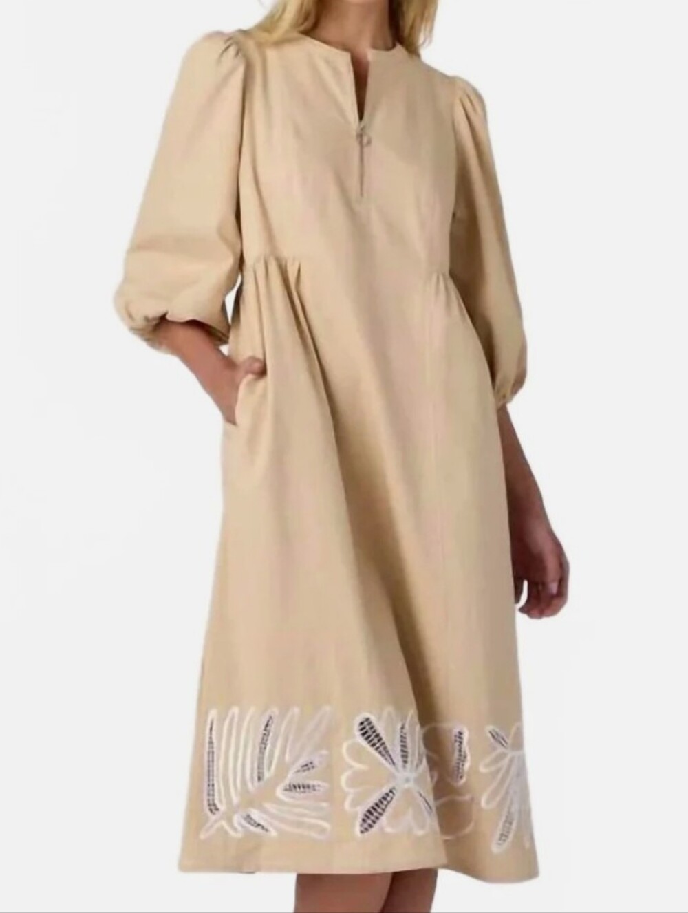 Crosby By Mollie Burch Indie Midi Dress Ecru M Floral Puff Sleeve 🩷